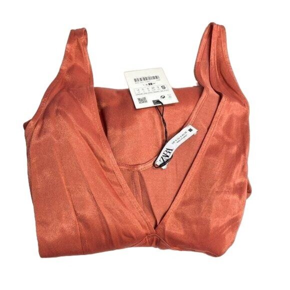 Zara Dusty Pink Satin Plunge V-Neck A-Line Dress Wide Straps Rounded Back - Picture 8 of 8